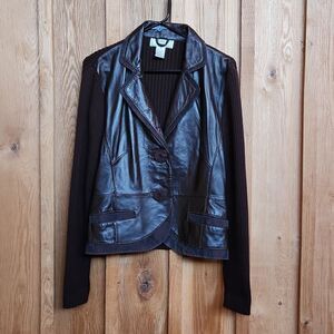 Lisa International Lamb Skin Leather & Knit Jacket, Medium, Brown Animal Print
